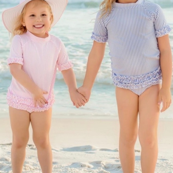 RuffleButts seersucker One Piece Rash guard Swimsuit 6/9m - Picture 4 of 5